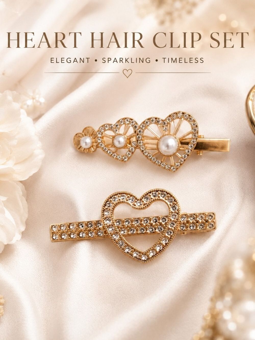 Gold Tone Heart Pearl Crystal Hair Clip Set 2